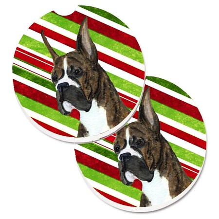 Carolines Treasures Boxer Candy Cane Holiday Christmas Set of 2 Cup Holder Car Coaster SS4577CARC